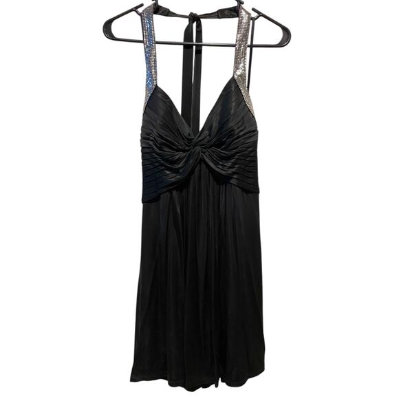 Y2K BCBGMAXAZRIA Halter Mini Dress XS Black Silver Chainmail Cocktail Party LBD - Picture 11 of 11